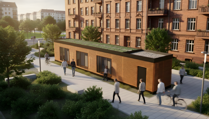 Die Energiebox steht vor einem Altbau