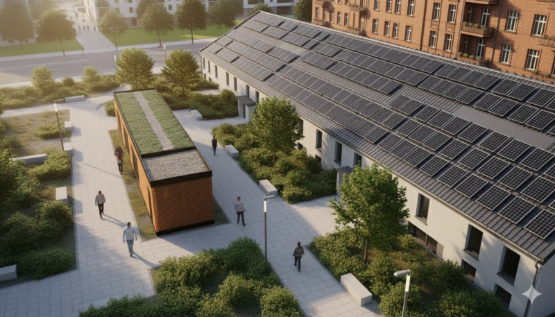 Die Energiebox vor einem Haus mit Solardach