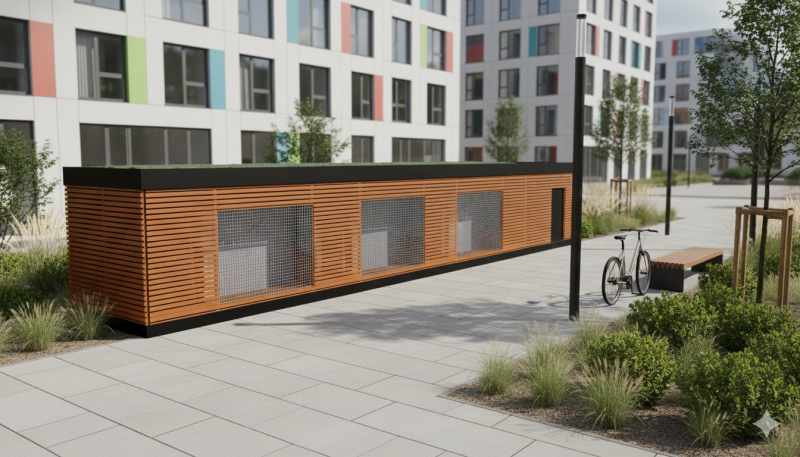 Die Energiebox vor einem Sozialbauprojekt