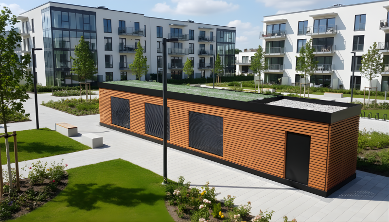 Die Energiebox vor einem Wohnhaus